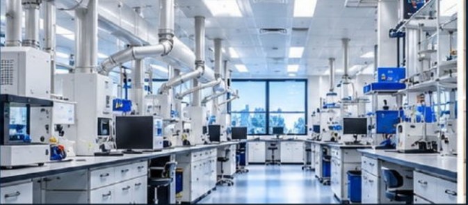 Laboratory space with benches and process utilities