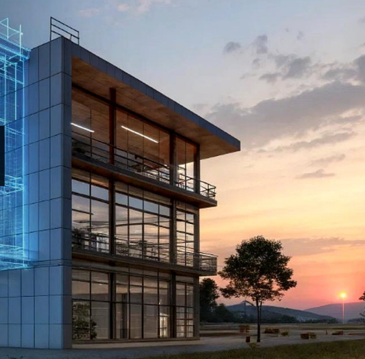 Modern multi-storey commercial building at dusk with a wireframe model overlay